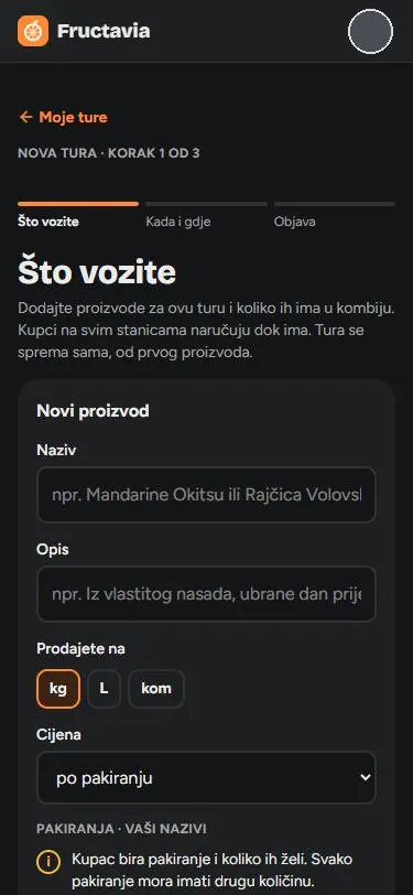 Prodavač upisuje mandarine Satsuma s dva pakiranja i 200 kg, dodaje jabuke Idriz, bira subotu 14.11. i tri stanice, Makarsku, Gradac i Ploče, pa vidi pregled ture prije objave.