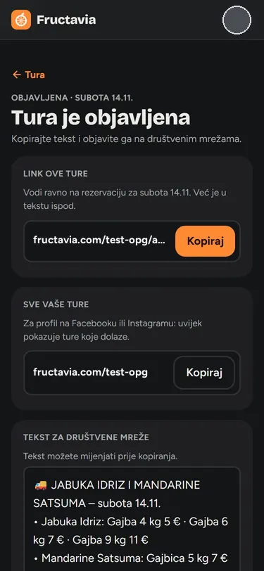 Nakon objave prodavač kopira link ture i gotov tekst s proizvodima, cijenama, stanicama i rokom za rezervacije.