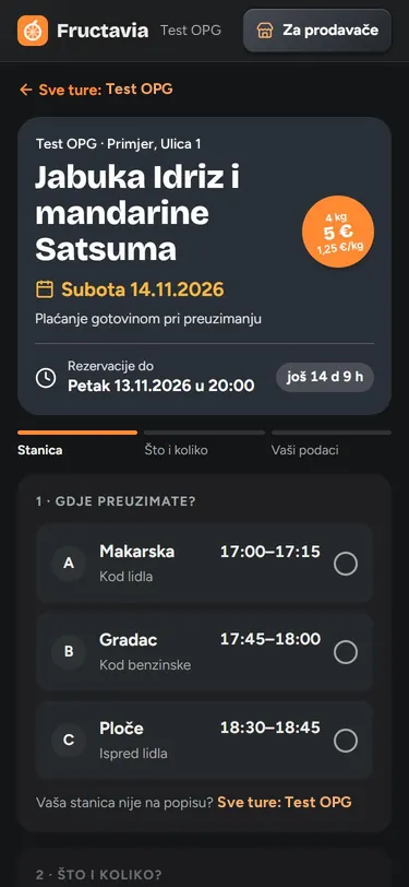 Kupac otvara link, bira stanicu Gradac, jednu gajbu jabuka i dvije gajbe mandarina, ukupno 36,00 €, upisuje ime i e-mail i dobiva narudžbu B-101.